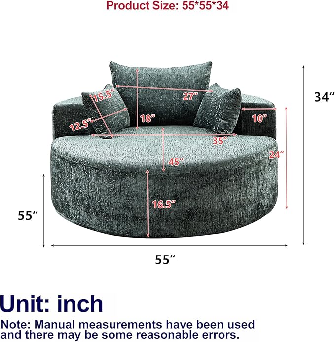 55''L Chenille Sponge Single Sofa Oversized Round Chair Fluffy Modern Longue Chair for Living Room Projection RoomWide Armrest Lounge Chairs Armchair with Pillow Green
