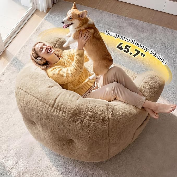 Bean Bag Chair Giant Bean Bag Chair for Adults Shell-Shaped Bean Bag Couch with Armrests &amp Side Pockets Comfy Beanbag Lazy Couch Reading Chair for Bedroom Living Room Khaki