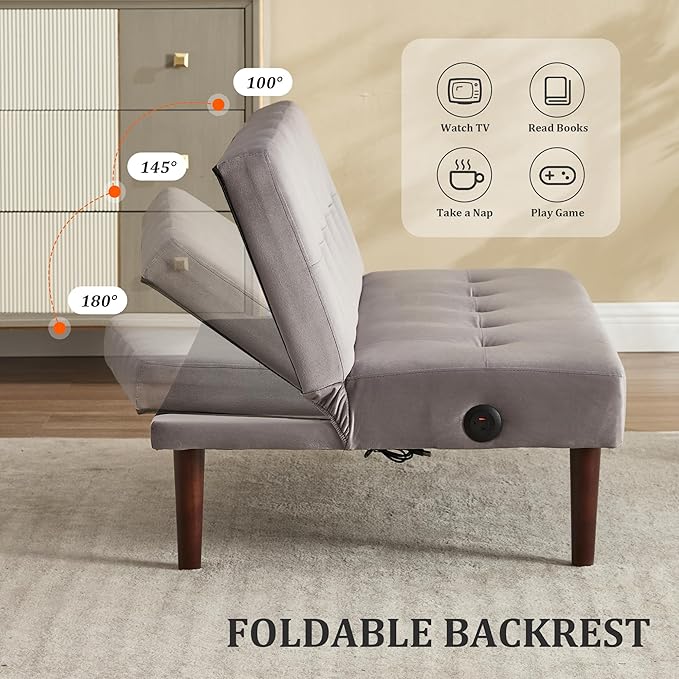Anwick Convertible Futon Sofa Bed with Charging Port 45″ Folding Sleeper Sofa Adjustable Backrest Small Couch for Living Room Small Spaces Or Office Modern Loveseat (Gray)