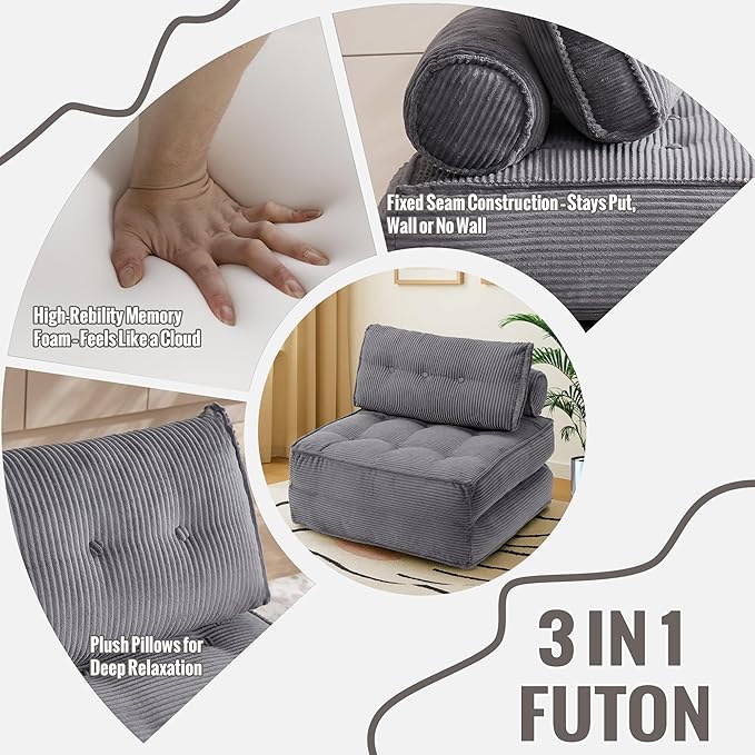 Folding Sofa Bed Convertible Sleeper Chair 33 with Pillow Futon Boneless Couch with Back Support Small Couch for Living Room(Grey Double)