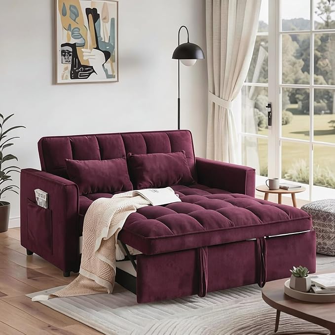 3 in 1 Convertible Sofa Bed Love Seat Sleeper Bed with Side Pockets Velvet Fabric Pull Out Couch with Adjustable Backrest for Living Room Bedroom Apartment Purplish-Red