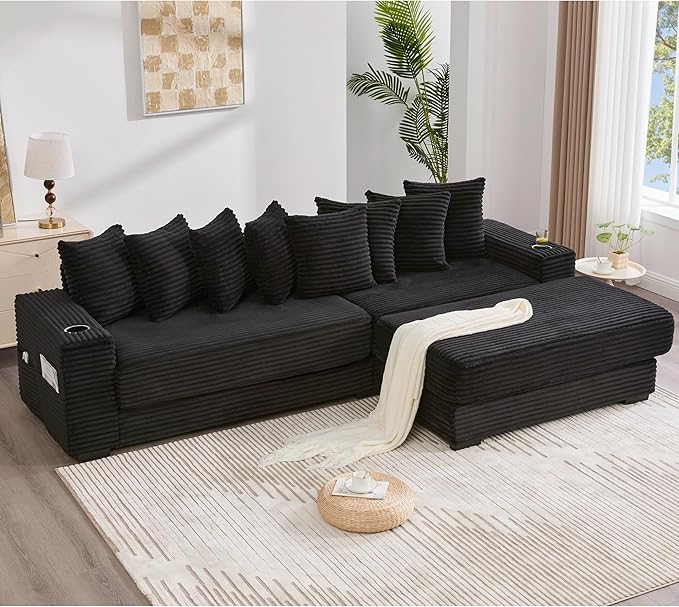 111 Inch Sleeper Sofa Bed | Convertible Cloud Sectional Couches for Living Room | L-Shaped Couch with Cup Holder Side Pocket 8 Pillpws | Black