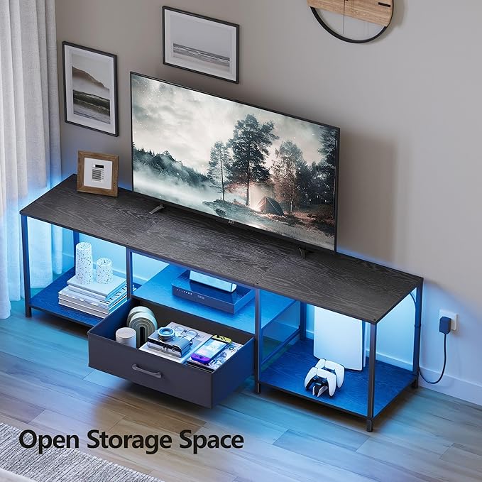 TV Stand with LED Lights Entertainment Center with Open Shelves and Fabric Drawer Media Console for 80 Inch TV Television Stands for Living Room Bedroom Black
