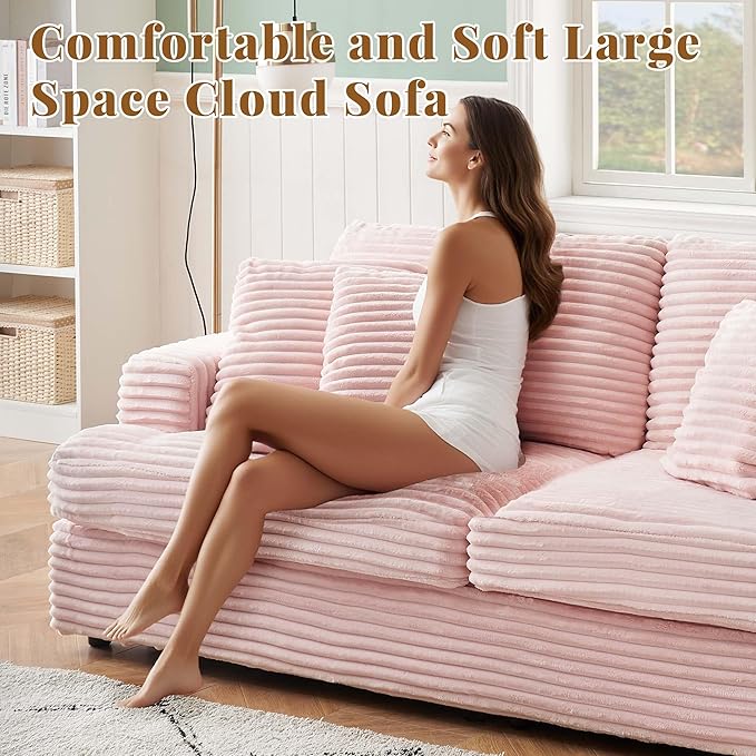 Modern Cloud Couch 3-Seater with 4 Matching Toss Pillows 88.58 Soft Corduroy Sofa with Deep Seat for Small Spaces Living Room Apartment (Pink)