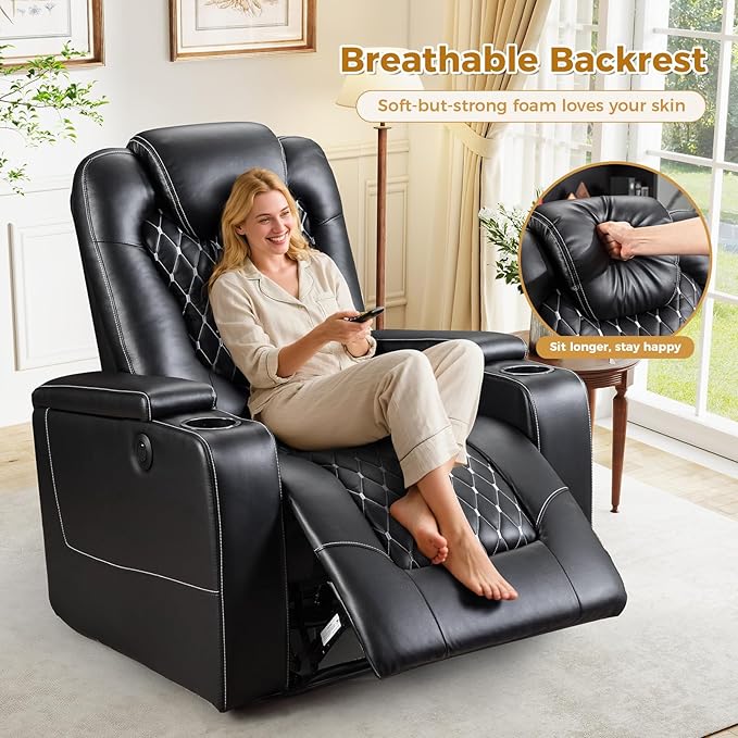ANJ Power Recliner Chair Set of 3 Electric Soft Faux Leather Reclining Home Faux Theater Seating - USB Ports Cup Holders Hidden Arm Storage Movie &amp Media Room Chairs (Black)