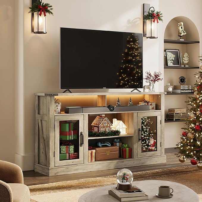 WLIVE Farmhouse TV Stand for 65 Inch TV Tall Entertainment Center with LED Lights &amp Storage Cabinets TV Media Console Table with Adjustable Shelf for Living Room Bedroom Home Theater Gray Oak
