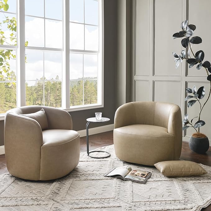 KINWELL Faux Leather Swivel Armchair Set of 2 No Assembly Upholstered PU Leather Swivel Accent Chairs with Toss Pillow for Living Room Office Lounge Khaki