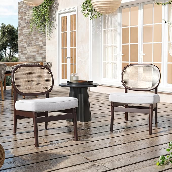 Farini Rattan Accent Chair Upholstered Living Room Chair with Rattan Back &amp Wood Frame Mid-Century Modern Reading Chair for Living Room Bedroom Beige