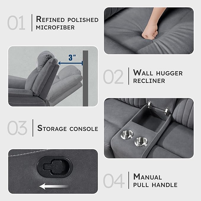 Lexicon Manual Double Reclining Loveseat Polished Microfiber Manual Wall Hugger Loveseat Recliner for Living Room Center Storage Console/Cup Holders Easy Assembly Gray