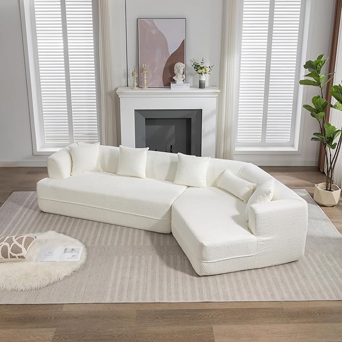 Merax 125 Large Sofa Couch 2 Piece Free Combination Modern Modular Upholstered Sectional Corner Sofa with Pillows and High-Density Foam for Living Room Bedroom Salon Cream White