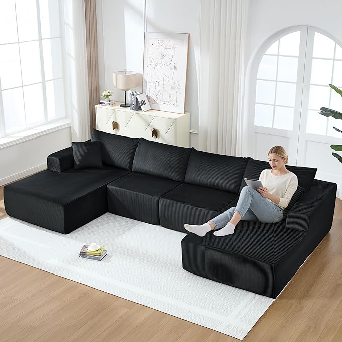 Modular Sectional Sofa146 U-Shaped Boneless Sofa for Living RoomOversized 4-Seater Deep Seat Cloud CouchesCorduroy Upholstered Corner Sofa CouchNo Assembly RequiredBlack