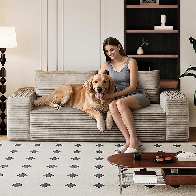 63-inch Boneless Loveseat Sofa Cloud Corduroy Floor Compressed Deep Seat Lounge Sofa Couch in A Box Comfy Fluffy Modern Plush Memory Foam No Assembly Couch for Living Room Bedroom Office Camel