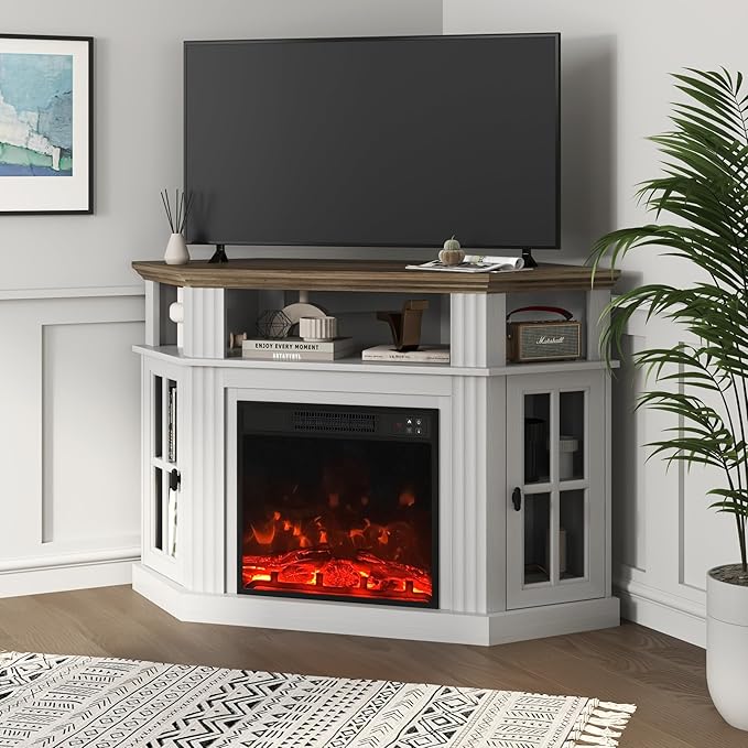 YESHOMY Corner Fireplace TV Stand for Television up to 55 with Storage Cabinets Entertainment Center Media Console for Living Room Bedroom White＆Rustic