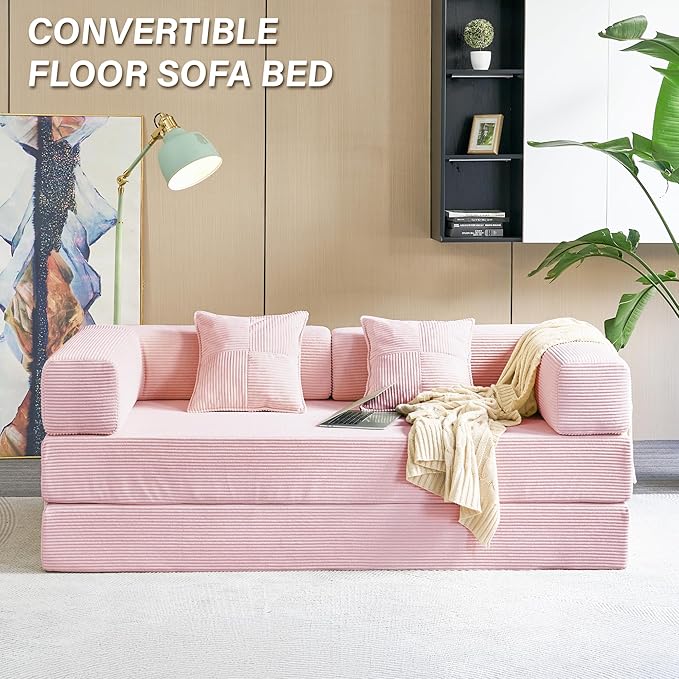 YINIX Foldable Sofa Bed 78'' Folding Floor Couch Compressed Convertable Sleeper Sofa Memory Foam Couch with Pillow Back Support Armrest 4-in-1 Futon Sofa Bed for Living Room Pink