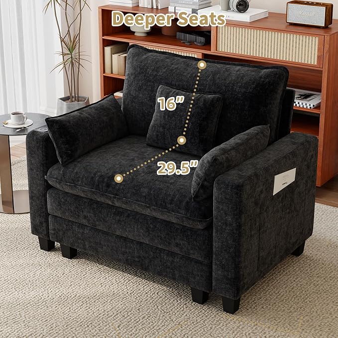 Accent Chair for Living Room with Smart Charging Module Oversized 45.25 Chenille Fabric Armchair Mid Century Modern Single Sofa Chair Comfy Reading Chair for Bedroom Apartment Waiting Room
