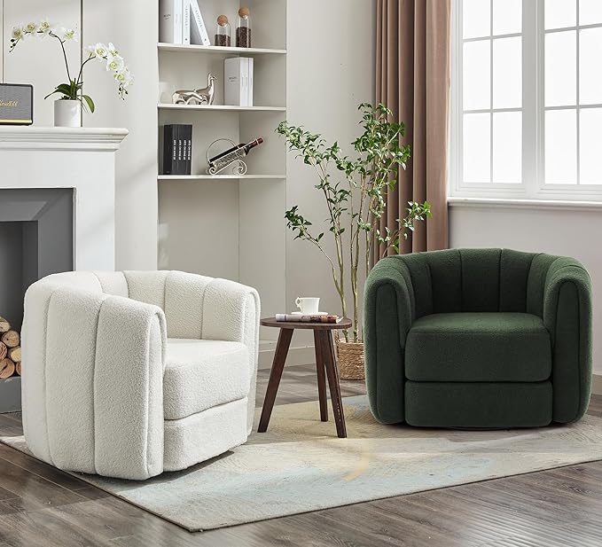 Swivel Accent Chair for Livingroom Teddy Fabric 360 Degree Round Swivel Barrel Armchair Wide Upholstered for Living Room Bedroom Reading Waitingroom (Green+Dark Green)