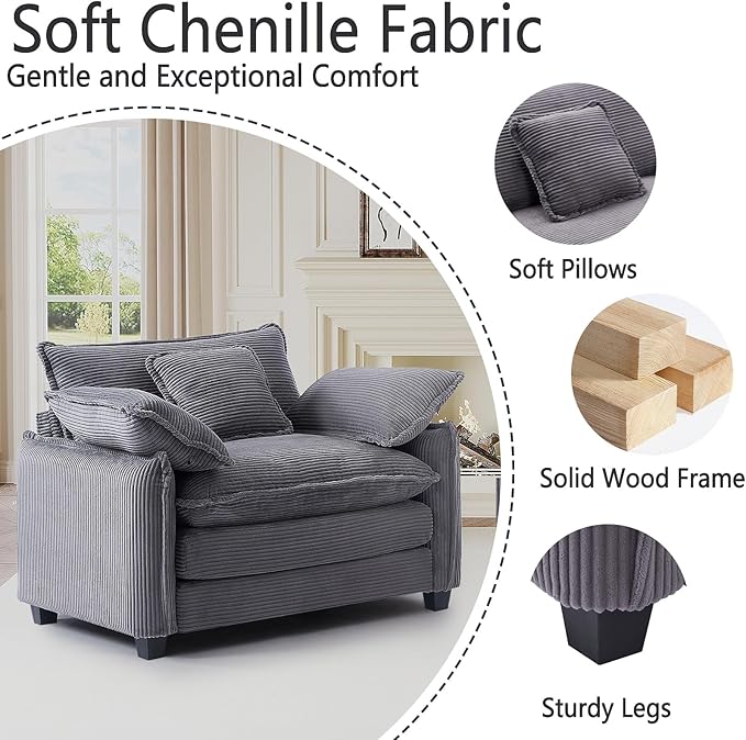Oversized Chair with Ottoman Modern Corduroy Sofa Bed Single Sofa Chaise Large Upholstered Sofa for Living Room Bedroom (Grey)