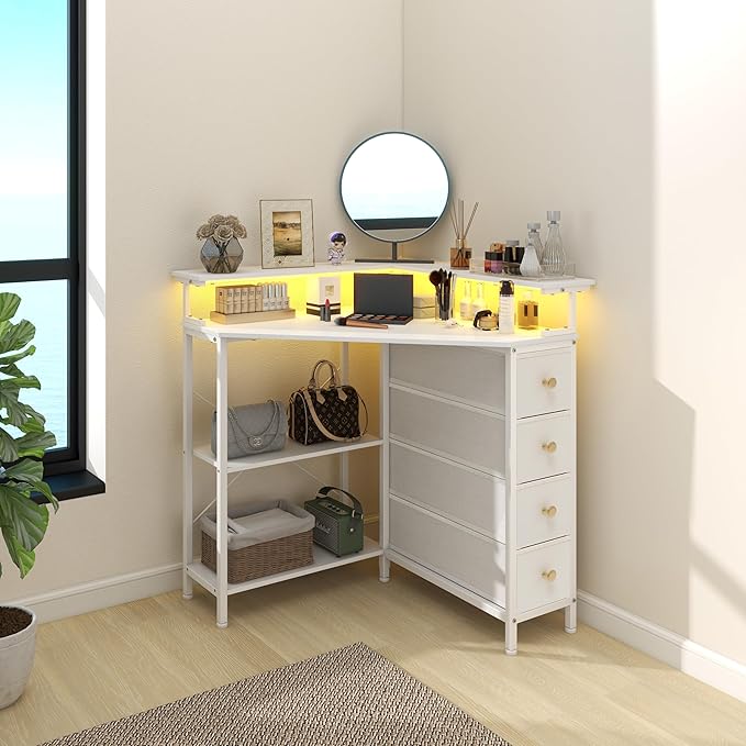 Corner Desk with Drawers Shelves for Small Space 90 Degrees Triangle Computer Desk with Power OutletsGaming Desk with LED Lights Monitor Stand for Home Office Workstation Writing Table (White)