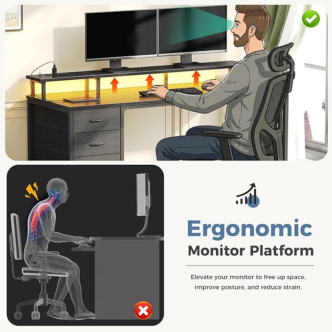 DUMOS Computer Desk with 4 Drawers4 Drawer Gaming Desk with with Power Outlets and LED LightsOffice Desk for Small Spaces with Monitor ShelfWriting Desk for Home Office BedroomStudy 39 Inch Black