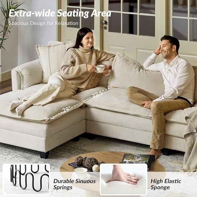 EcoHarbor 108 Modular Sectional Sofa for Living Room Modern 4 Seat L Shaped Cloud Couch with Elephant Ears Armrests Comfy Dual-Layer Cushions Deep Seat &amp Side Storage Pockets Beige