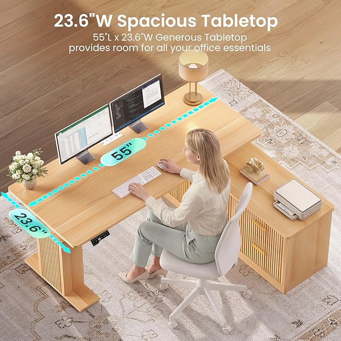 SEDETA L Shaped Electric Standing Desk 55 inch Height Adjustable Office Executive Desk with Storage Drawers Fluted Sit Stand Corner Computer Desk with Power Outlets for Home Office Oak