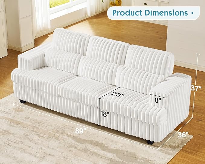 VanAcc 89 Inch Sofa Modern Couch with Deep Seats Comfy Sofa with 3 Throw Pillows Upholstered Couch for Living Room White
