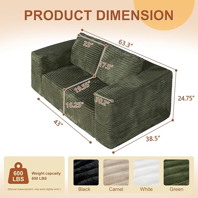 63 Boneless Cloud Couch Sofa 2 Seater Deep Seat Modern Lounge Sleeper Couch in a Box No Assemble Corduroy Compression Upholstered Small Couches for Small Spaces Apartment（Green）