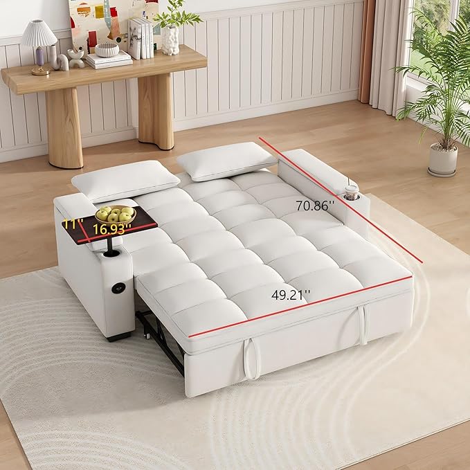 Dreamzie 65'' 3 in 1 Convertible Sleeper Sofa Bed Chenille Pull Out Couch for Living Room with 90° Swivel Side Table Loveseat Sleeper with Charging Port | Side Pocket | Cup Holders Beige