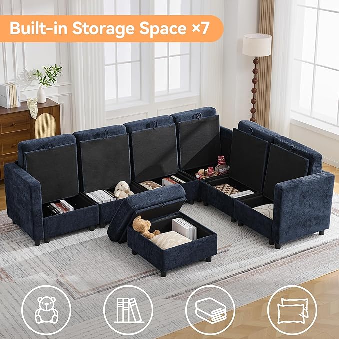 104'' V Shaped Modular Sofa Sectional Couch with Storage for Living Room Modern 7 Seater Cloud Sectional Couch with Movable Ottoman Chenille Navy