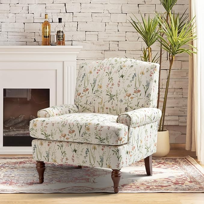 HULALA HOME Accent Chair with Solid Legs &amp Removable Cushion Floral Comfy Upholstered Armchair Leisure Single Sofa Chair for Living Room/Bedroom Spring