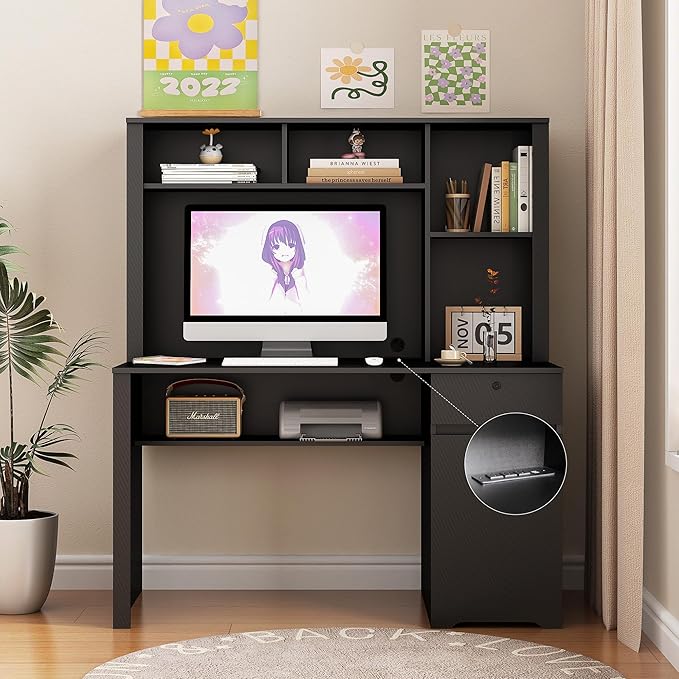 Computer Desk with Hutch BookshelfWood Executive Desk Teens Student Desk Writing Laptop Home Office Desk with Drawers3 AC Outlets and 2 USB Charging PortsStudy Laptop Table for Home(Black)