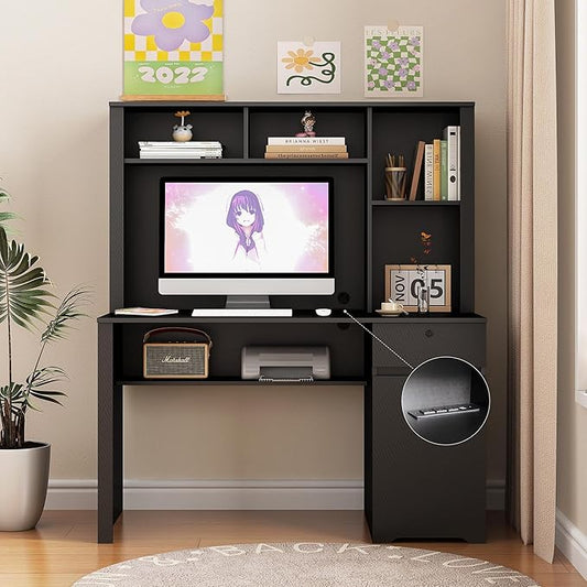 Computer Desk with Hutch BookshelfWood Executive Desk Teens Student Desk Writing Laptop Home Office Desk with Drawers3 AC Outlets and 2 USB Charging PortsStudy Laptop Table for Home(Black)