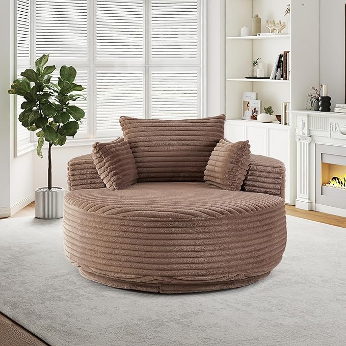 55 W Oversized Round Swivel Accent Barrel Chair360 Degree Faux Fur Upholstered Comfy Chaise Lounge Chair IndoorModern Deep Seat Reading Sofa Armchair for Living RoomBedroomOffice(Brown)