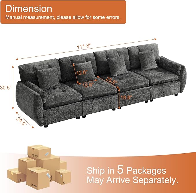 112 Oversized Modular Cloud Sofa Deep Seat Tufted Chenille 4-Seater Sectional Couch with Curved Arms Comfy Sofas for Living Room Dark Grey