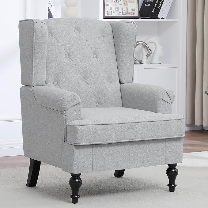 Accent Chair for Living Room Mid Century Modern Upholstered Armchair Wingback Chair with Tufted High Back and Solid Legs Comfy Single Sofa Side Chairs for Bedroom Light Grey