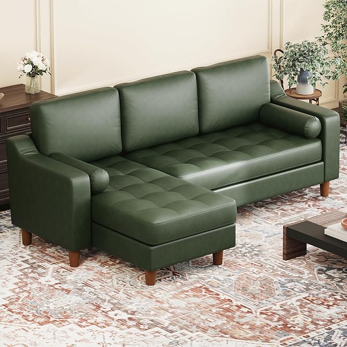 GarveeHome 88.9 L-Shape Sofa&ampCouch with Convertible Chaise Sectional Sofa with Deep Seat Modern Mid-Century Sofa for Living Room 3 Seat Comfy Leather Couch Green