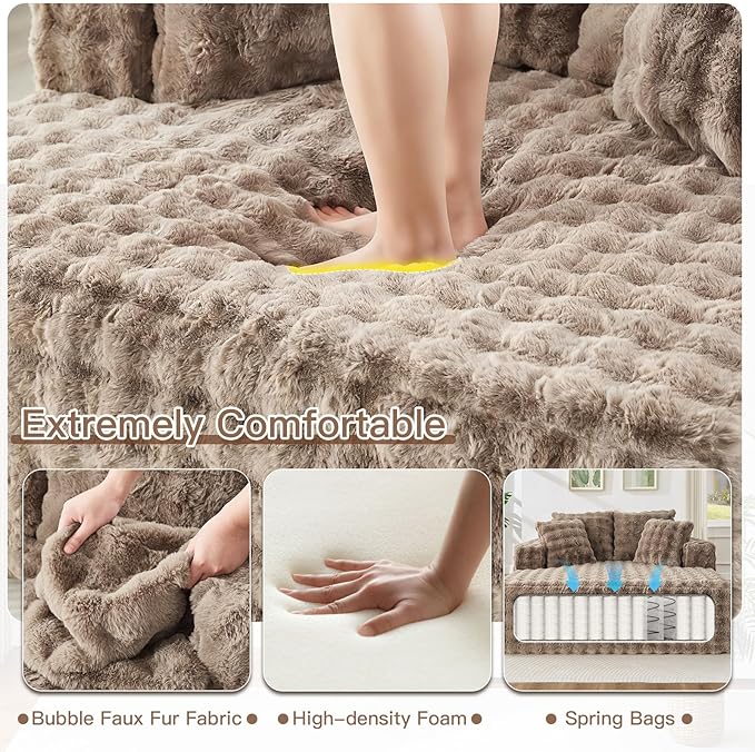 56 W Oversized Chaise Lounge Chair IndoorPlush Faux Fur Sleeper Couch Sofa Bed with PillowsFluffy Comfy Cloud SofaCompression Foam Boneless Couch for Living RoomBedroom(Bubble Brown)