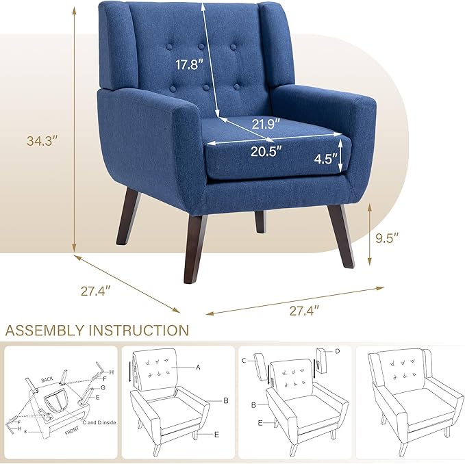 Accent Chair Set of 4 Mid Century Modern ArmchairComfy Single Sofa for Living RoomButton Tufted Armrest Reading Seat Bedroom Side Sitting for Home OfficeRecliner Chair Home Theater SeatingBule