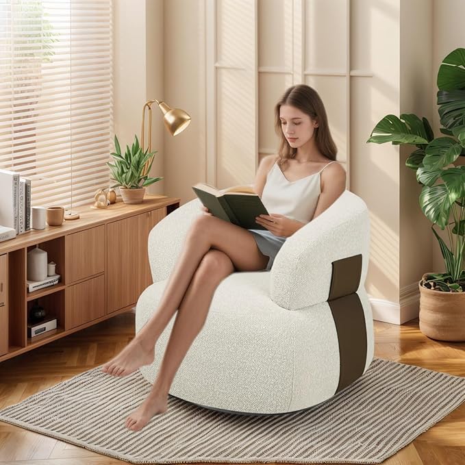 Swivel Barrel Accent Chairs-Modern Round Club Arm Chair Upholstered Living Room Armchair Single Sofa Seating Bedroom Side Reading Seat for Living Roon Office (Beige-Chenille 1*Seat)