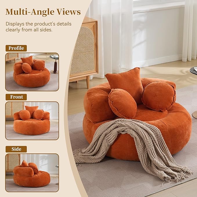 Round Oversized Chair Floor Sofa Chair Chenille Compressed Circle Chaise Lounge No Assembly Boneless Barrel Chair Lazy Bean Bag Couch Accent Chair for Living Room Bedroom DormOrange