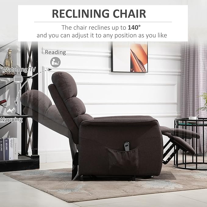 HOMCOM Power Lift Recliner Chair for Elderly Easy Assembly Fabric Lift Chair for Adults Recliner Sofa with Remote Control Side Pockets for Living Room Brown