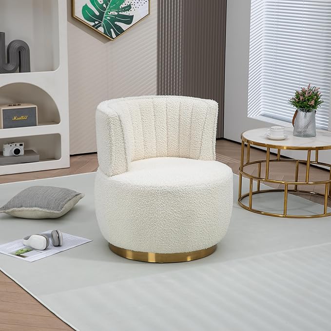 SLEERWAY 360° Swivel Barrel Chair Set of 2 Modern Teddy Round Accent Chair Comfy Upholstered Small Armchair with Gold Metal Base for Living Room Bedroom Nursery Sillas para Sala Cream White