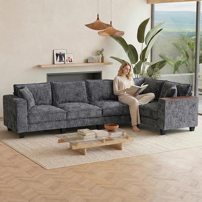 97 5 Seater L Shaped Couch Corner Sofa Oversized Cloud Couch with 2 Pillows Modular Sectional Sofa Armrests with Two Hidden Storage Space Sectional Couches for Living Room Gray Textured