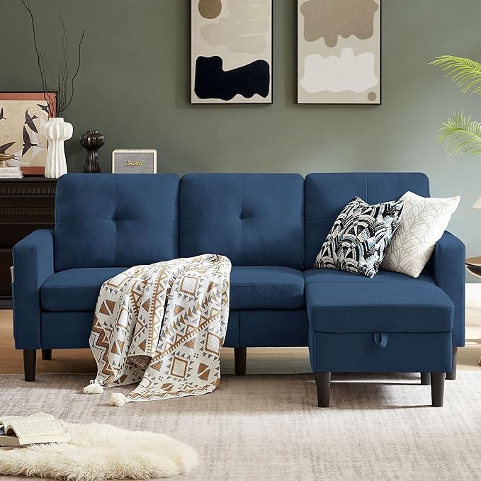 79 Convertible Sectional Sofa Small L Shaped 3 Seat Couch with Storage Chaise and Side Pocket Modern Linen Fabric Reversible Sofa Couches for Living Room Apartment and Small Space