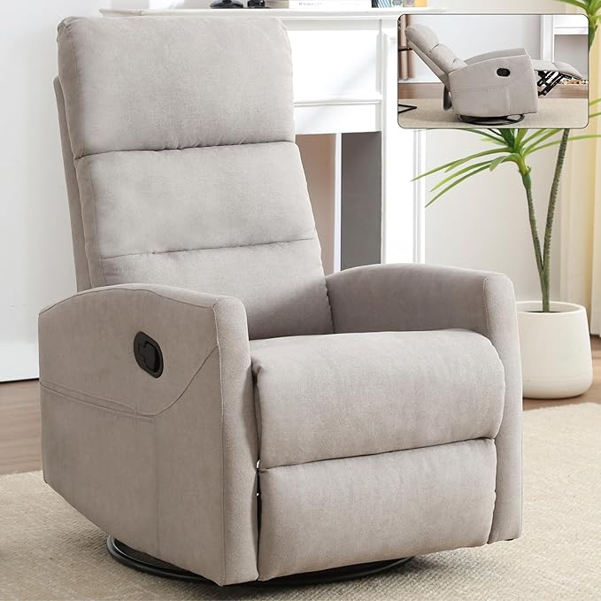 Slim Lazy Boy Recliners for for Adults Swivel Rocking Chair Recliner with High Back Small Recliner Chair for Small Spaces Manual Reclining Chair for Living Room Adjustable Footrest (Khaki)