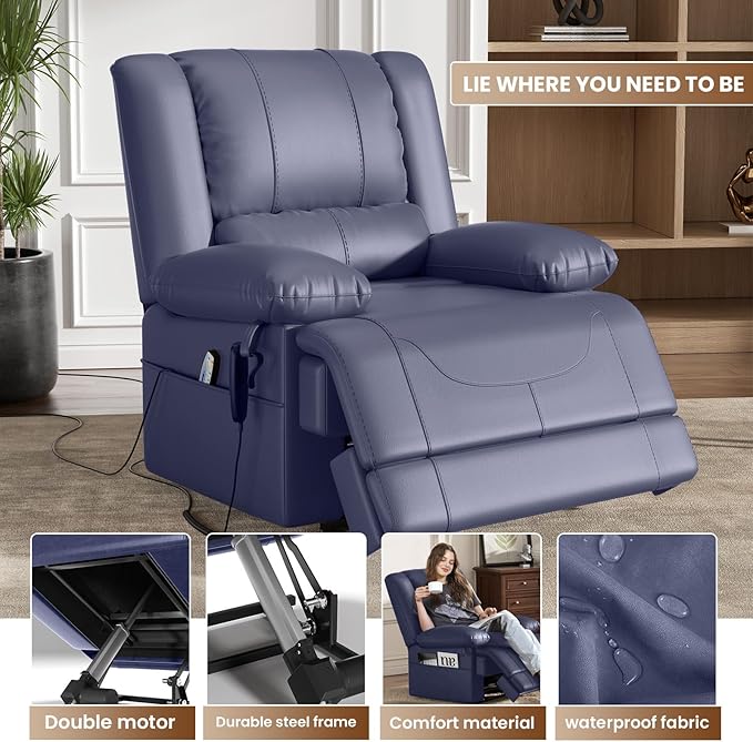 Large Dual Motor Power Lift Recliner Chair with Massage and Heat for Elderly People Infinite PositionUSB Ports and Remote ControlBreathable Leather (Blue)