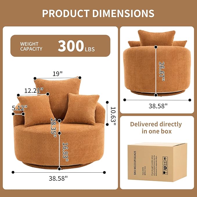 40” Orange Round Swivel Chair with 3 Pillows &amp Thick Cushion Oversized 360° Swivel Accent Chair Modern Boucle Armchair for Nursery Living Room Bedroom Club