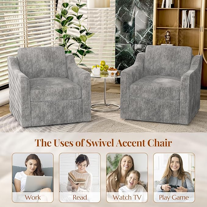 360° Swivel Accent Chair Large Comfy Reading Chairs Accent Square Single-seat Armchair Upholstered Sofa for Reading Nursery Living Room Bedroom Hotel Lounge Grey