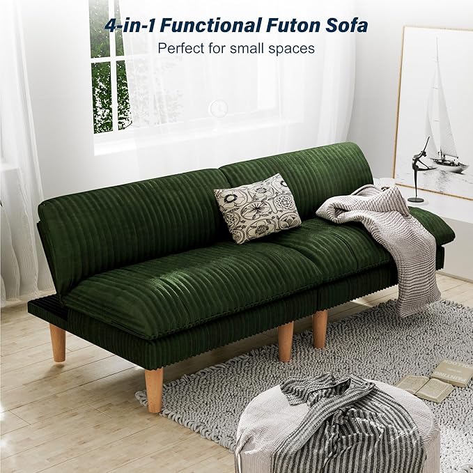 3 Sets 69 Futon Sofa Bed 4 in 1 Multi-Function Couch Sleeper with Adjustable Backrest Modern Convertible Futon Recliner Small Loveseat for Living Room Plush Green