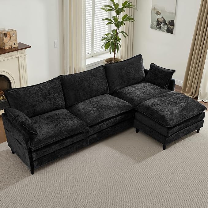 SAMERY 111 L Shaped Couch Cloud Sofa Modular Sectional Couch with Large Ottoman 3 Seater Chenille Oversized Deep Seat Sectional Sofa with Pillows for Living Room Bedroom Apartment